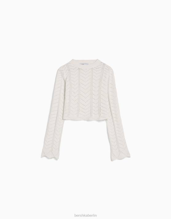 Creme Bershka Frauen Offen gestrickter Pullover mit Rundhalsausschnitt H00J1059