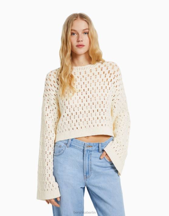 Creme Bershka Frauen Offen gestrickter, rustikaler Pullover mit Rundhalsausschnitt H00J996