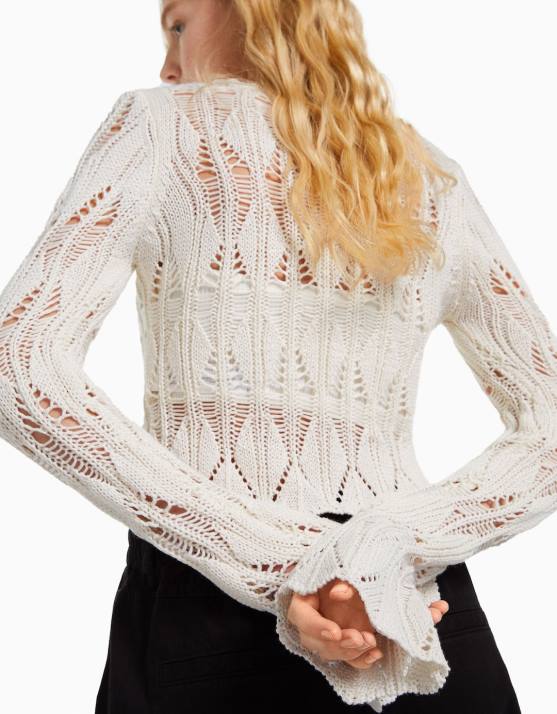 Creme Bershka Frauen Offener Strickpullover mit quadratischem Ausschnitt H00J1046