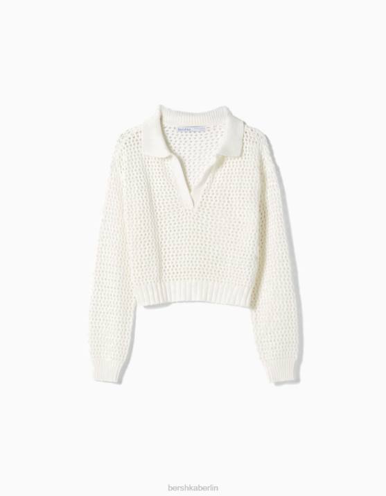 Creme Bershka Frauen Pullover mit Polokragen aus Netzstoff H00J1048