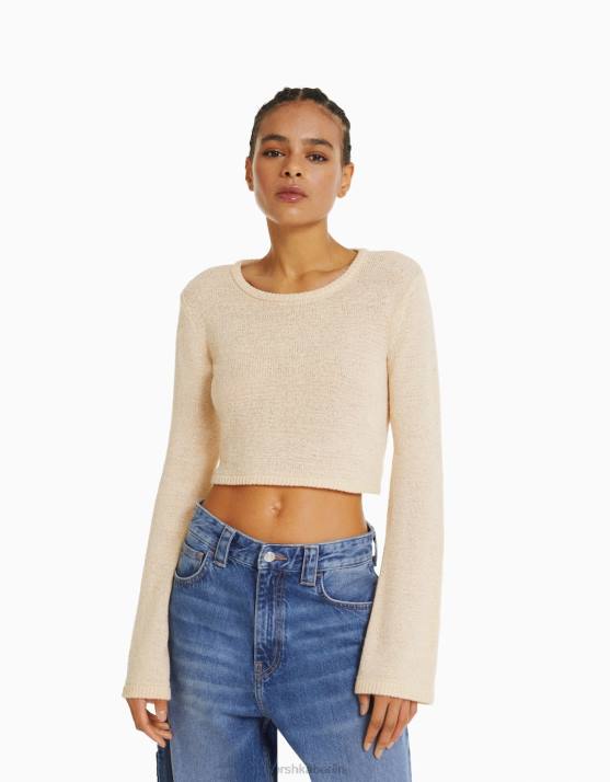 Creme Bershka Frauen Rustikaler Pullover mit Rundhalsausschnitt H00J978