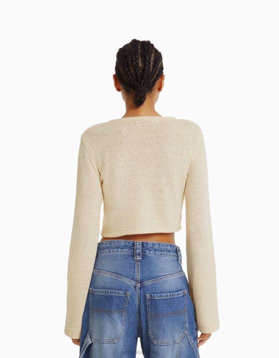 Creme Bershka Frauen Rustikaler Pullover mit Rundhalsausschnitt H00J978