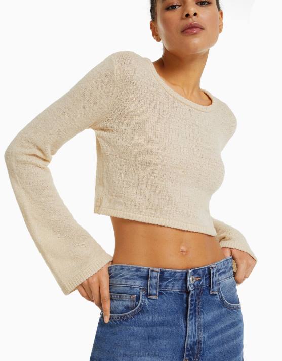 Creme Bershka Frauen Rustikaler Pullover mit Rundhalsausschnitt H00J978
