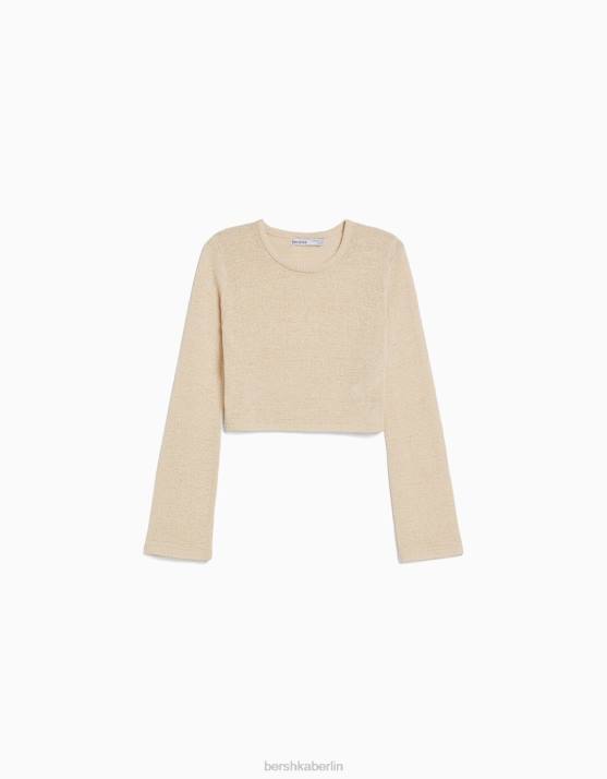 Creme Bershka Frauen Rustikaler Pullover mit Rundhalsausschnitt H00J978
