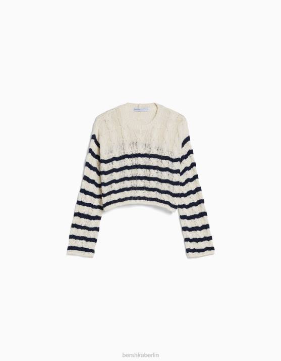 Creme Bershka Frauen Zopfstrickpullover mit Rundhalsausschnitt H00J1086
