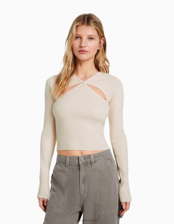 Creme Bershka Frauen Zweireihiger Pullover mit Cut-Outs H00J1026