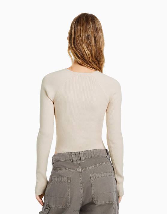 Creme Bershka Frauen Zweireihiger Pullover mit Cut-Outs H00J1026