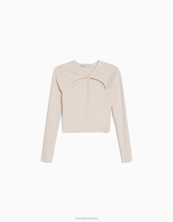 Creme Bershka Frauen Zweireihiger Pullover mit Cut-Outs H00J1026