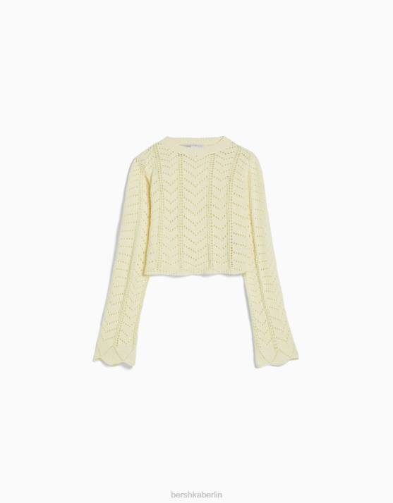 Gelb Bershka Frauen Offen gestrickter Pullover mit Rundhalsausschnitt H00J1060
