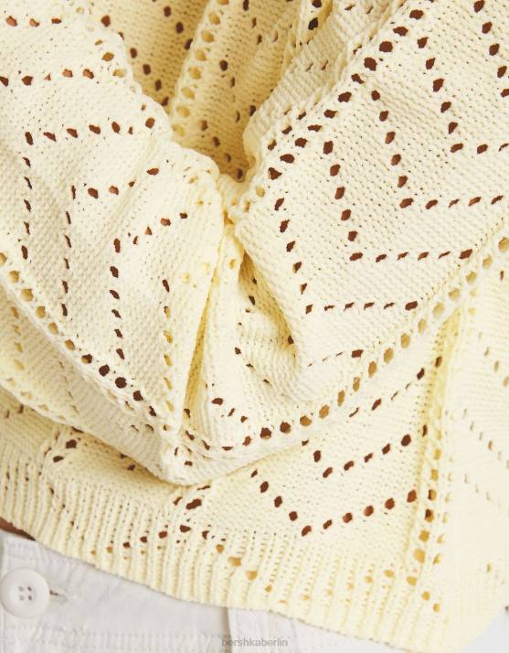 Gelb Bershka Frauen Offen gestrickter Pullover mit Rundhalsausschnitt H00J1060