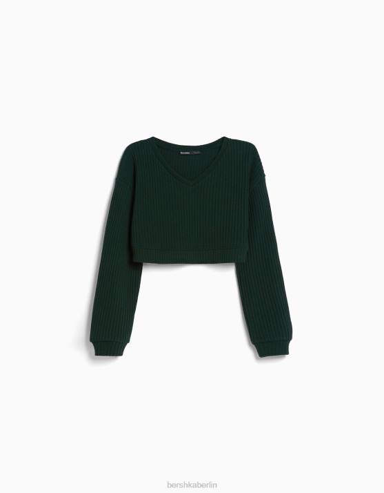 Grün Bershka Frauen V-Ausschnitt-Sweater H00J1064