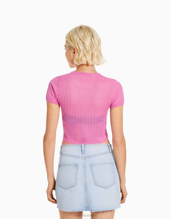 Rosa Bershka Frauen Durchscheinender, gerippter Kurzarmpullover H00J1901