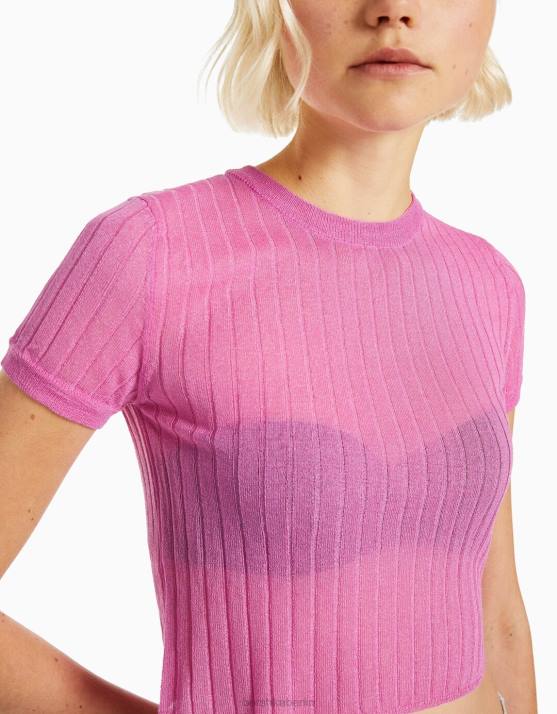 Rosa Bershka Frauen Durchscheinender, gerippter Kurzarmpullover H00J1901
