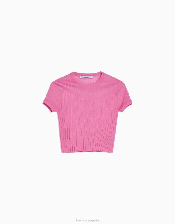 Rosa Bershka Frauen Durchscheinender, gerippter Kurzarmpullover H00J1901