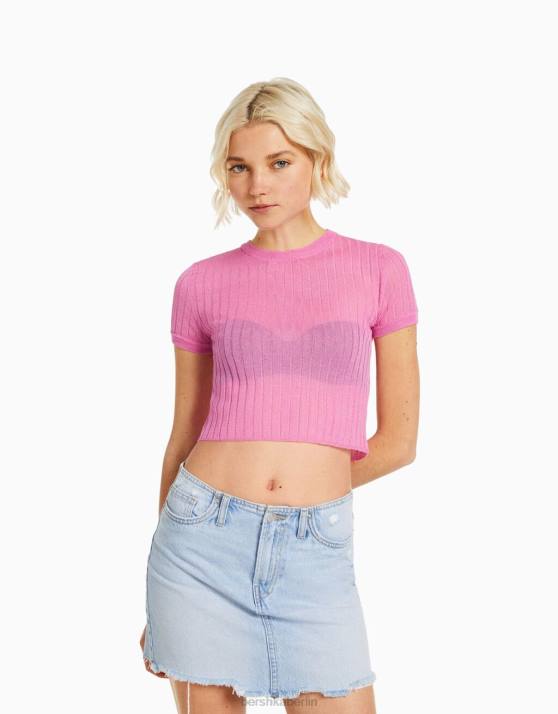 Rosa Bershka Frauen Durchscheinender, gerippter Kurzarmpullover H00J1902