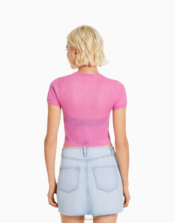 Rosa Bershka Frauen Durchscheinender, gerippter Kurzarmpullover H00J1902