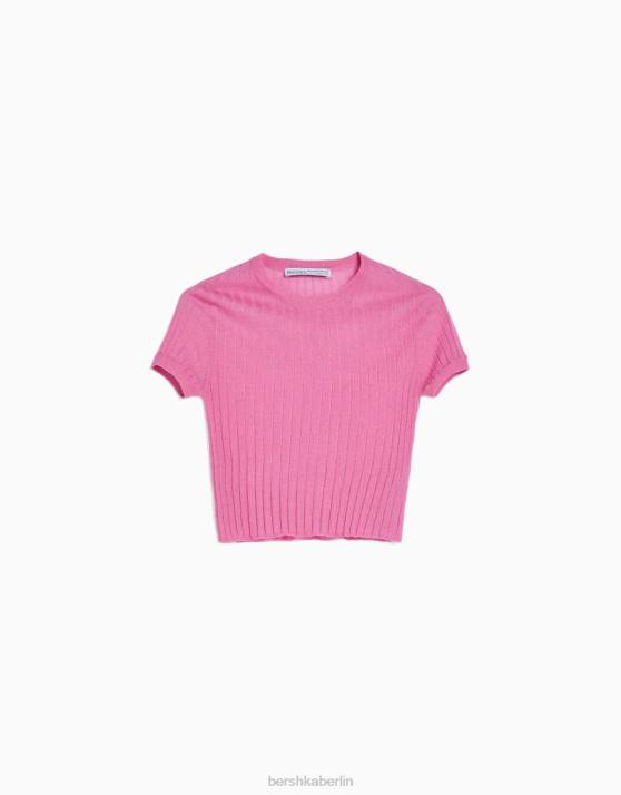 Rosa Bershka Frauen Durchscheinender, gerippter Kurzarmpullover H00J1902