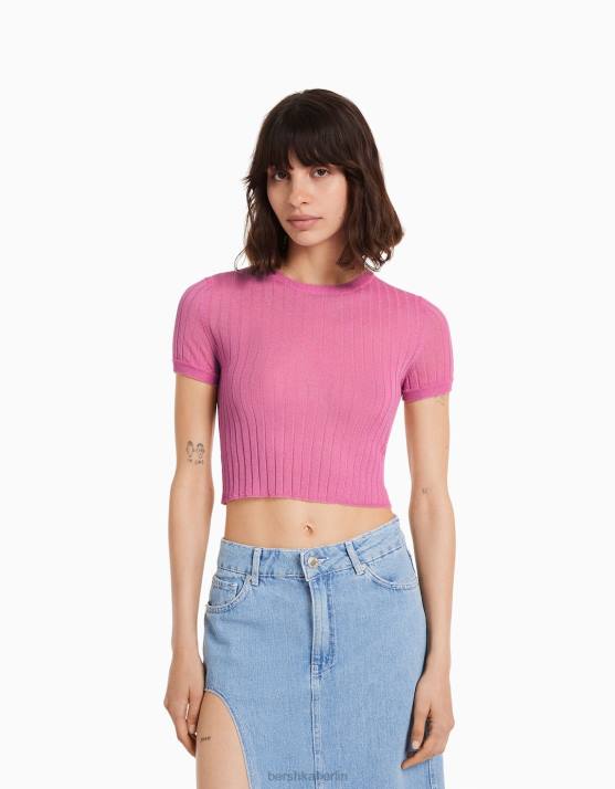 Rosa Bershka Frauen Durchscheinender, gerippter Kurzarmpullover H00J496