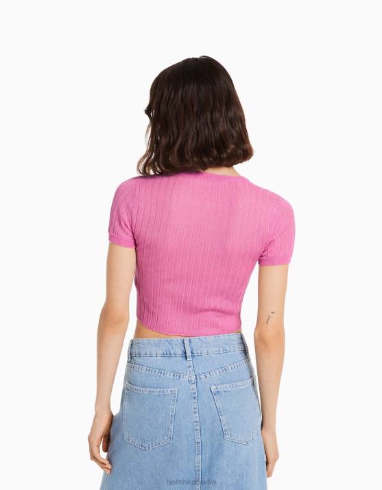 Rosa Bershka Frauen Durchscheinender, gerippter Kurzarmpullover H00J496