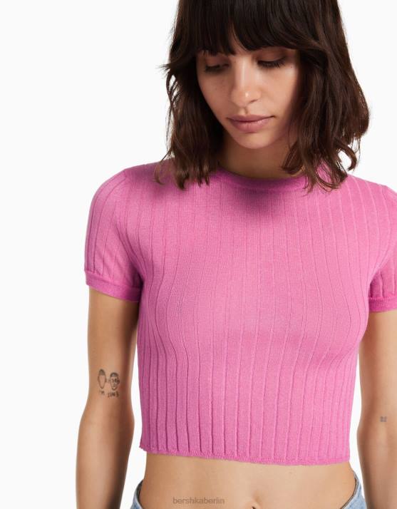 Rosa Bershka Frauen Durchscheinender, gerippter Kurzarmpullover H00J496