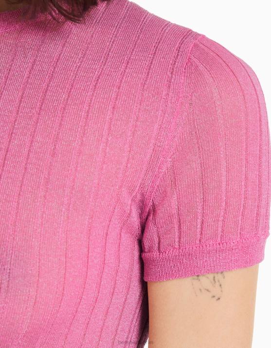 Rosa Bershka Frauen Durchscheinender, gerippter Kurzarmpullover H00J496