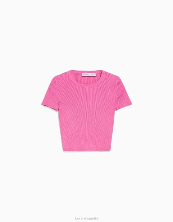 Rosa Bershka Frauen Gerippter Kurzarmpullover H00J612
