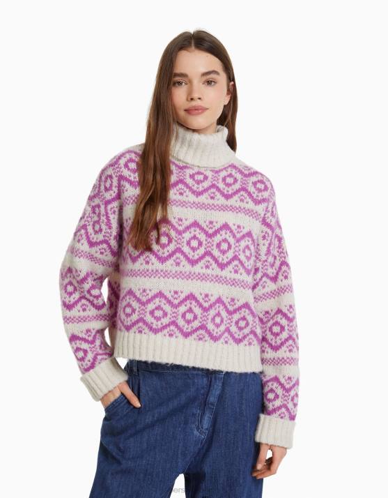 Rosa Bershka Frauen Jacquard-Pullover mit hohem Kragen H00J1076