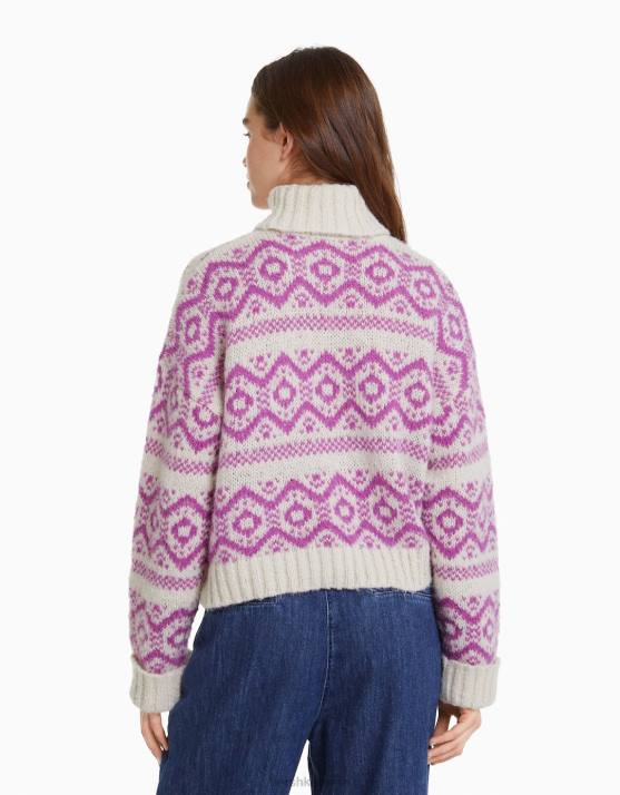 Rosa Bershka Frauen Jacquard-Pullover mit hohem Kragen H00J1076