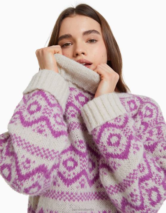 Rosa Bershka Frauen Jacquard-Pullover mit hohem Kragen H00J1076