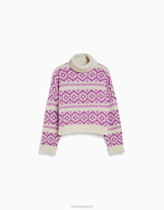 Rosa Bershka Frauen Jacquard-Pullover mit hohem Kragen H00J1076