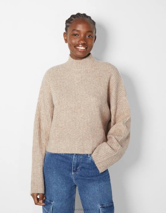 Sand Bershka Frauen Gerippter Pullover mit hohem Kragen H00J1005