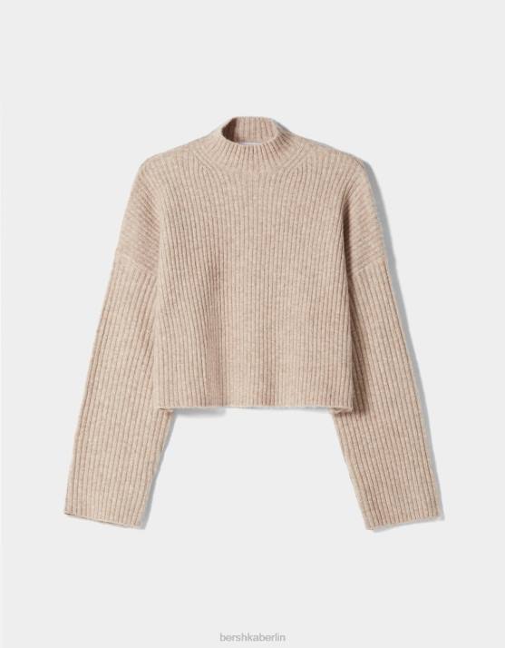 Sand Bershka Frauen Gerippter Pullover mit hohem Kragen H00J1005
