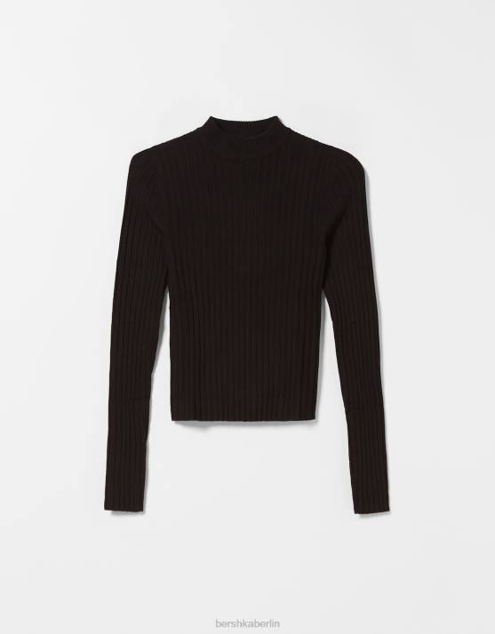 Schwarz Bershka Frauen Gerippter Pullover mit Stehkragen H00J1021
