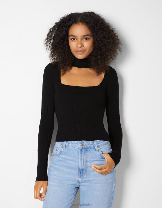 Schwarz Bershka Frauen Pullover im Halsband-Design aus Stoff H00J1041