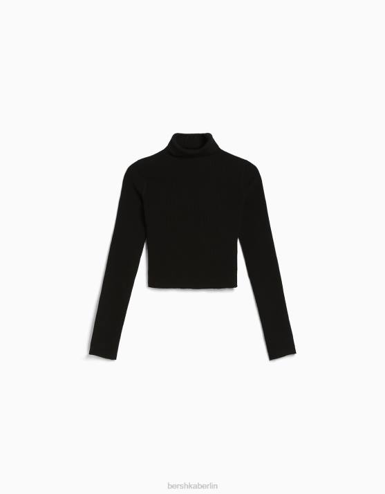 Schwarz Bershka Frauen Rippstrickpullover mit hohem Halsausschnitt H00J1055