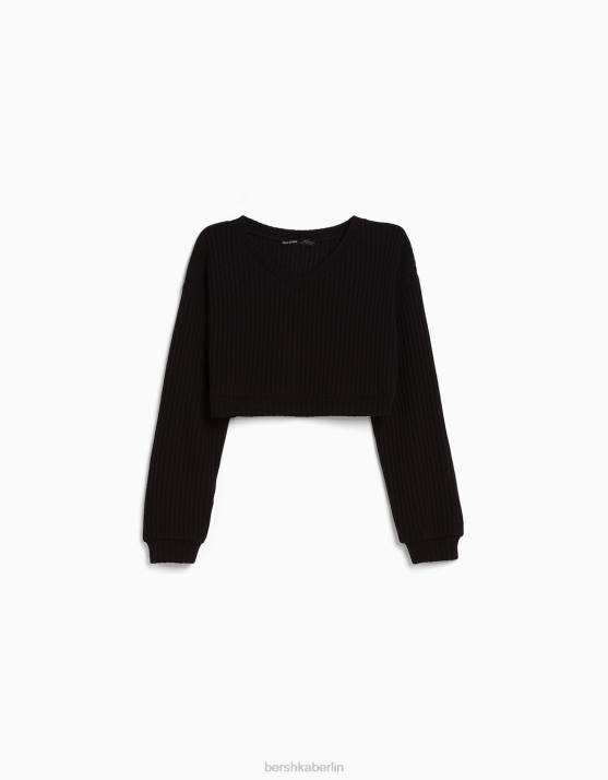 Schwarz Bershka Frauen V-Ausschnitt-Sweater H00J1065