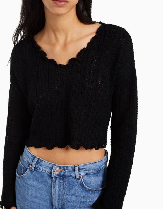 Schwarz Bershka Frauen rustikaler Pullover H00J1081