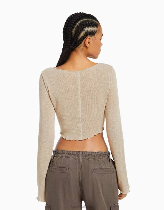 Stein Bershka Frauen Pullover mit lockigem Saum H00J1016