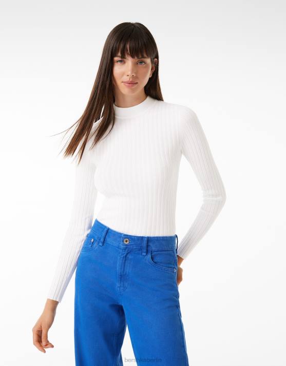 Weiss Bershka Frauen Gerippter Pullover mit Stehkragen H00J1023