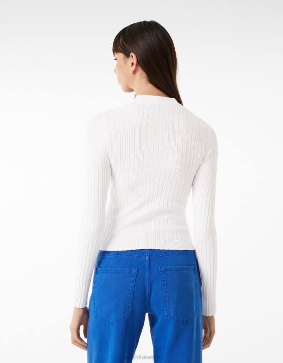 Weiss Bershka Frauen Gerippter Pullover mit Stehkragen H00J1023