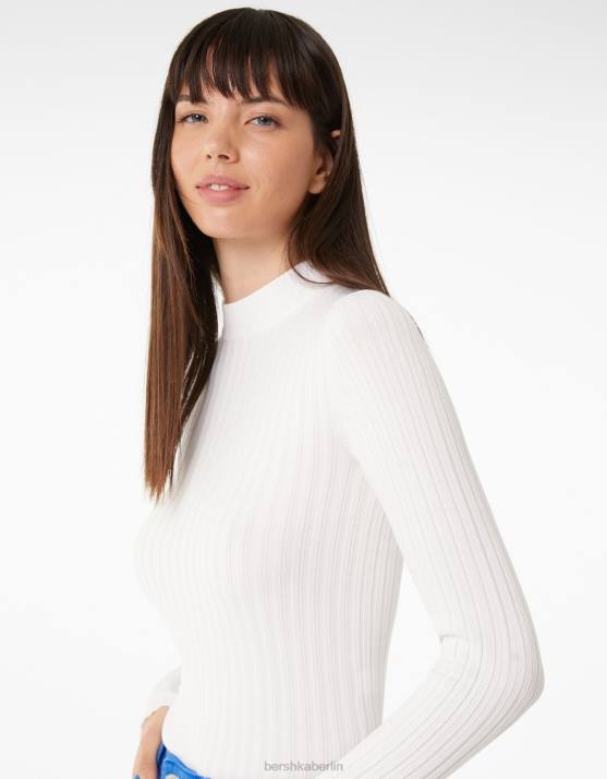 Weiss Bershka Frauen Gerippter Pullover mit Stehkragen H00J1023