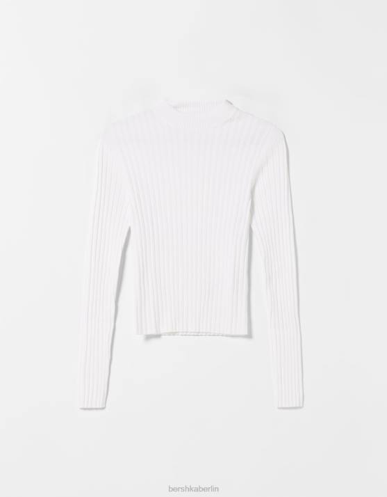 Weiss Bershka Frauen Gerippter Pullover mit Stehkragen H00J1023