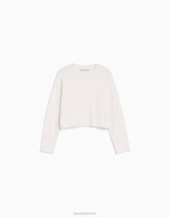 Weiss Bershka Frauen Strickpullover mit Rundhalsausschnitt H00J1077