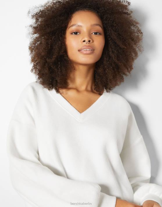 Weiss Bershka Frauen V-Ausschnitt-Sweater H00J1003