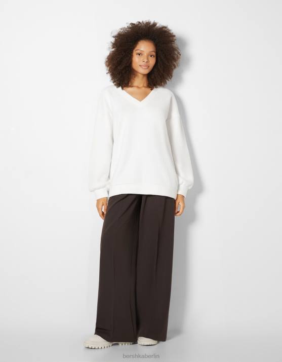 Weiss Bershka Frauen V-Ausschnitt-Sweater H00J1003