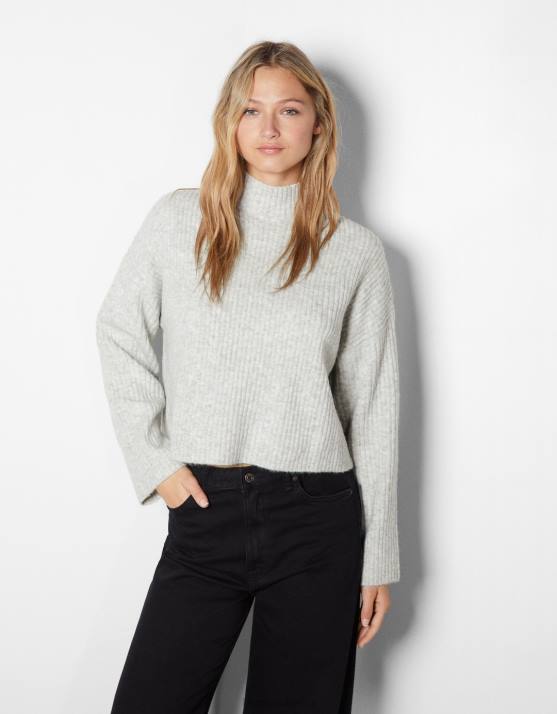 grau Bershka Frauen Gerippter Pullover mit hohem Kragen H00J1006