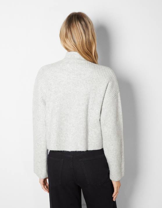 grau Bershka Frauen Gerippter Pullover mit hohem Kragen H00J1006