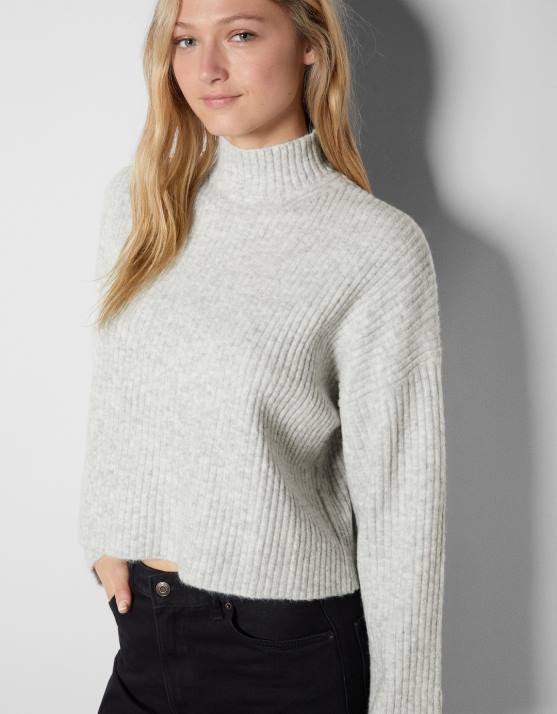 grau Bershka Frauen Gerippter Pullover mit hohem Kragen H00J1006