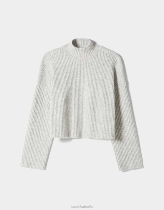 grau Bershka Frauen Gerippter Pullover mit hohem Kragen H00J1006