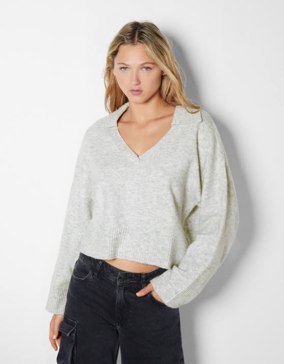 grau Bershka Frauen Pullover mit Polokragen H00J1029